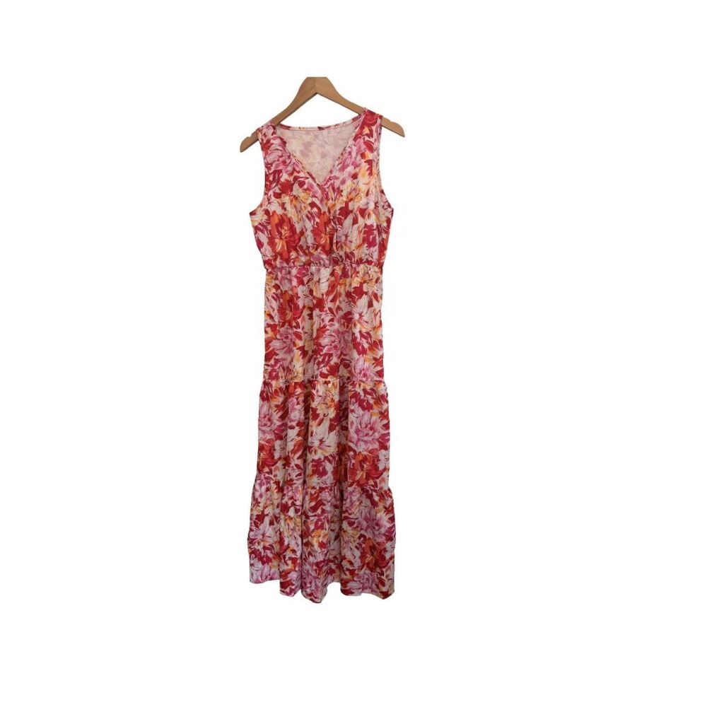 Floral Maxi Dress Pink Red Orange Small Tiered